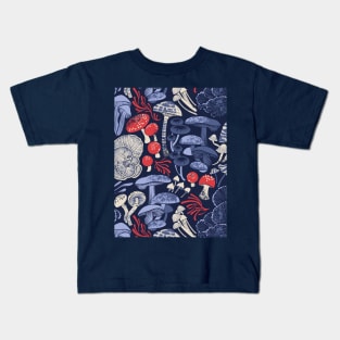 Mystical fungi // midnight blue background blue and red wild mushrooms Kids T-Shirt